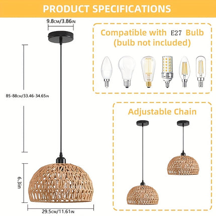 1pc Bohemian Chandelier, Modern Metal Semi-Flush Mount Willow Wicker Pendant Light