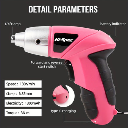 Hi-Spec Pink 3.6v Electric Screwdriver + Hand Tool Set Compact Handheld, Includes Hammer, Pliers,