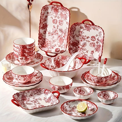 18/33/44pcs Set - Ceramic Tableware Set, French Retro, Red Rose Pattern, Wedding Gift, Can Hold Steak
