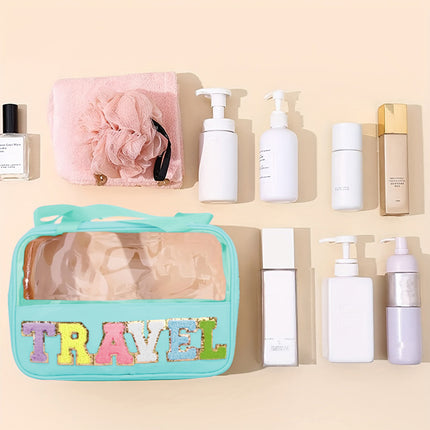 Light Pink TRAVEL Chenille Letter Clear PVC Makeup Bag