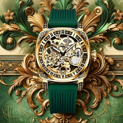 1pc Men'S Green Tape Gorgeous Retro Fully Automatic Hollow Mechanical Watch, Without Battery