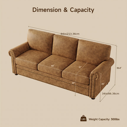 Leather Sofa  Nailhead Trim Deep Seat Rolled Arms 3 Seater, Brown, ONBRILL, Pre-assembled for Various Room Types
