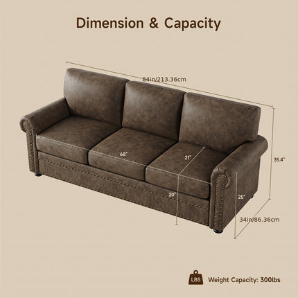 Leather Sofa  Nailhead Trim Deep Seat Rolled Arms 3 Seater, Brown, ONBRILL, Pre-assembled for Various Room Types