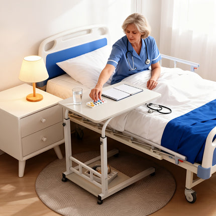 Bedside Nursing Table, Heavy-Duty Mobile Rehab Dining Table for Elderly, Patients, Home Hospital Use