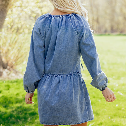 Myosotis Puff Sleeve V Neck Ruffled Loose Denim Mini Dress