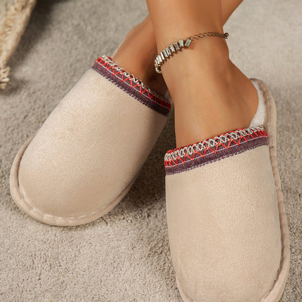 Gray Faux Suede Plush Liner Contrast Embroidered Detail Winter Slippers