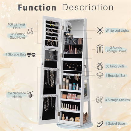 360 Swivel Jewelry Armoire Lockable 3-in-one Jewelry Cabinet Organizer with Full Length Mirror, White