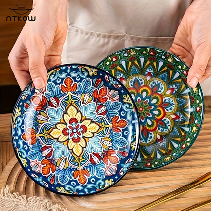 NTKOW 6pcs Bohemian Hand-Painted Ceramic Plates - Vibrant Floral & Geometric Patterns