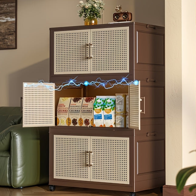 2/3-Tier Vintage Folding & Stackable Storage Box with Wheels - Mid-Century Modern Portable Cabinet