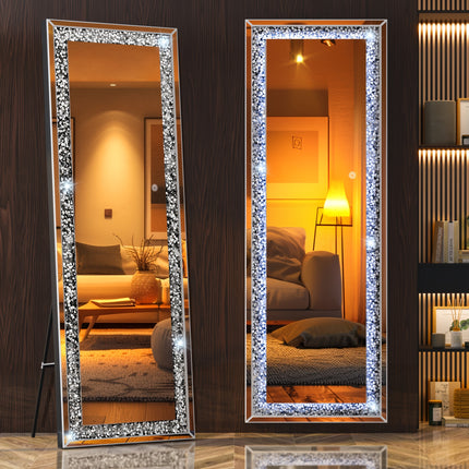63*20 inch with Lights and Crystal Crush Diamond, Wall Mounted Hanging Diamond Mirror