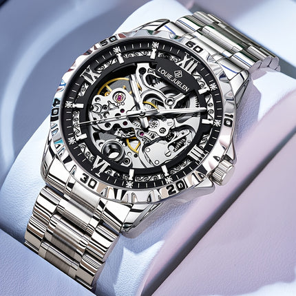 Men'S Automatic Mechanical Watch - Business Style, Hollow Dial, Round Case, Stainless Steel Strap