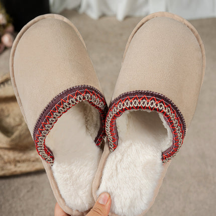 Gray Faux Suede Plush Liner Contrast Embroidered Detail Winter Slippers