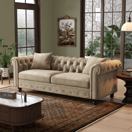 Sofa In Black Velvet, Featuring Rolled Arms, 23.6" Deep Seat With Two Throw Pillows