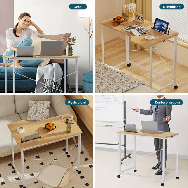 Computer Desk with Card Slot - Heavy-Duty Metal Frame & Natural Wood Tabletop,