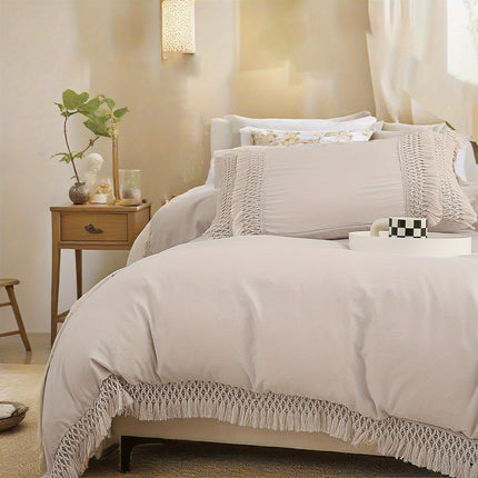 Beige Tassel Bedding Set 3pcs Quilt Cover Boho Solid Duvet Cover Set Burnt Orange Tassel Design with 50x75cm