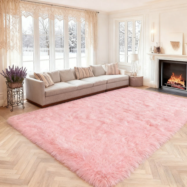 8x10 FT Shag Area Rug  Non-Slip, Soft Pink Plush Carpet, Polyester, Machine Made, Suitable