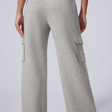 Light Grey Multi Pockets Lace-up High Waist Wide Leg Workout Pants
