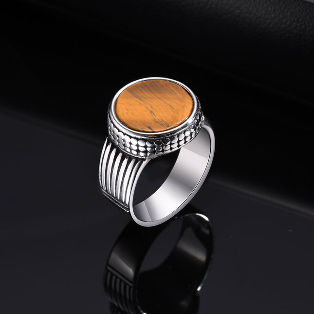 Stainless Steel Mens Tiger Eye Stone Cast Ring Vintage Style