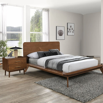Platform Bed Walnut Color 3pc Bedroom Set Full Size Bed 2x Nightstands Wooden Mid-Century Modern Style