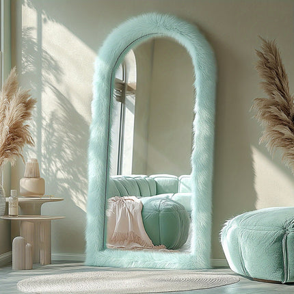 24" x 65" Arched Full-Length Mirror with Chic Blue Faux Fur Frame - Expansive Reflections, Glass Surface,