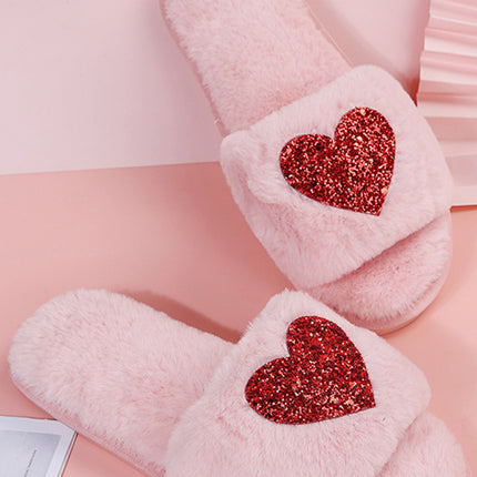 Pink Sequin Heart Shaped Slip On Plush Slippers