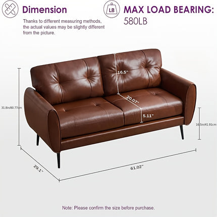 Modern Tufted Mini Sofa Brown Faux Leather, Comfy Office 2-Seat Settee for Small Spaces, Bedroom, Living Room