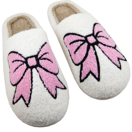 White Cute Bowknot Pattern Fuzzy Winter Home Slippers