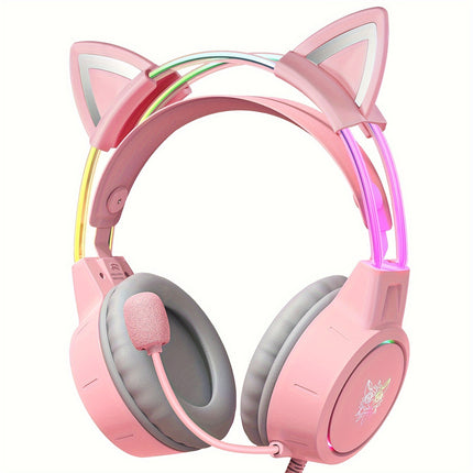 X15 Gaming Headset with Cat Ear Design & HD Microphone - Pink & White, Soft Earcups,