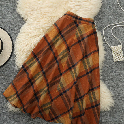 Autumn/Winter French-Style Vintage Plaid Tweed A-Line Flared Skirt with Wide Hem for Look
