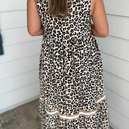 White Leopard Print Colorblock Trim Sleeveless Midi Dress