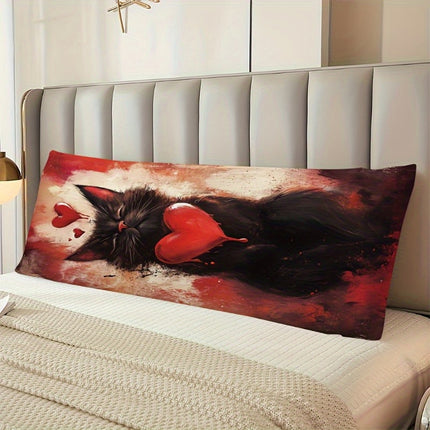 1pc Whimsical Black Cat Design Full Body Pillow with Zipper Headrest - Vibrant Red & White Artwork