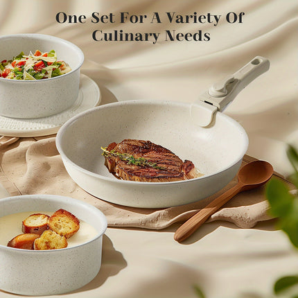 Cookware Sets 12pcs Pots and Pans Set with Detachable Handle, Beige Kitchenware for Home