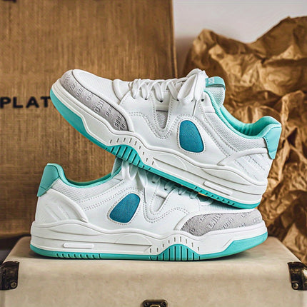 Men's All-Season Sneakers - White & Turquoise Accent Lace-Up Shoes, Non-Slip Rubber Sole,