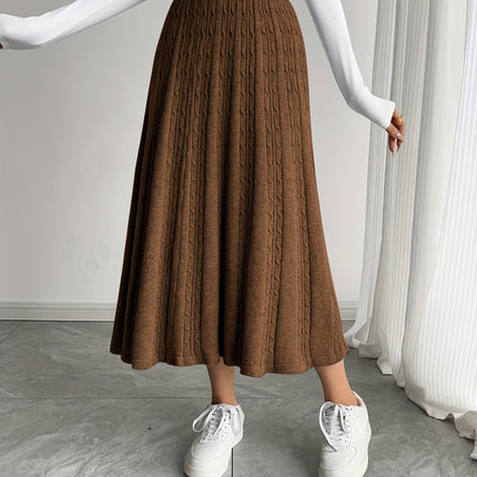 Women's Elegant Long Ribbed Skirt - Solid Color Fall Winter Casual to Formal Wear, Hand Wash/Dry Clean
