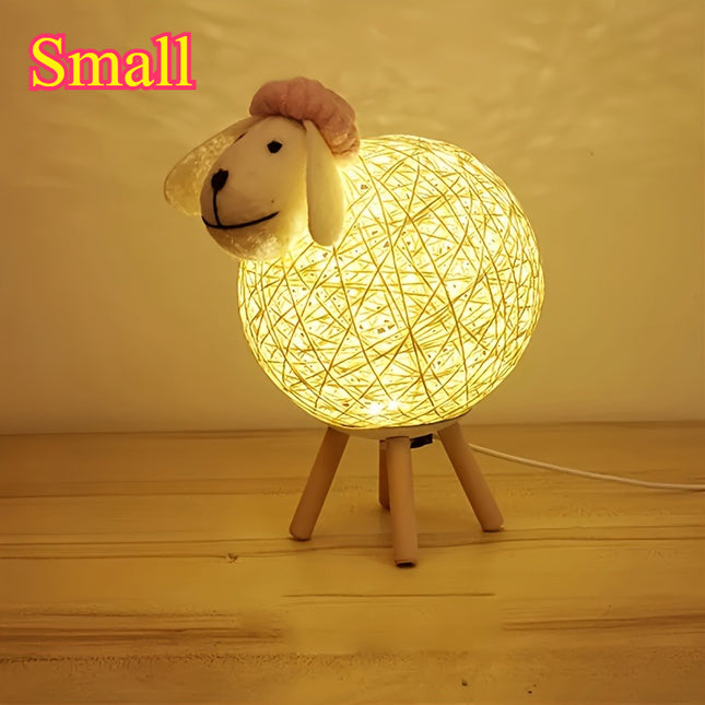 LED Sheep Night with Hand-Woven-Style Lampshade - Cute Kawaii Sheep Bedside Lamp