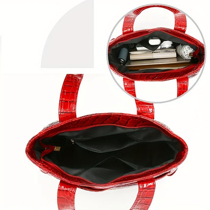 Women's preferred large-capacity tote: elegant, solid-color, crocodile-patterned PU bag with secure zipper