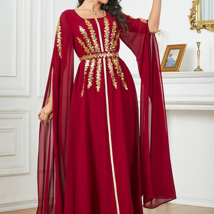Middle Eastern Fashion Solid Color Sequin Embroidered Waist-Cinching Long Split Sleeve Gown Dress