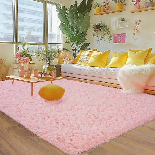 8x10 FT Shag Area Rug  Non-Slip, Soft Pink Plush Carpet, Polyester, Machine Made, Suitable