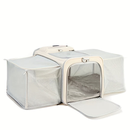 Expandable Large-Capacity Cat Carrier - Portable Linen Pet Travel Bag with Zipper Closure for Two Cats, Ideal for Outdoor Use