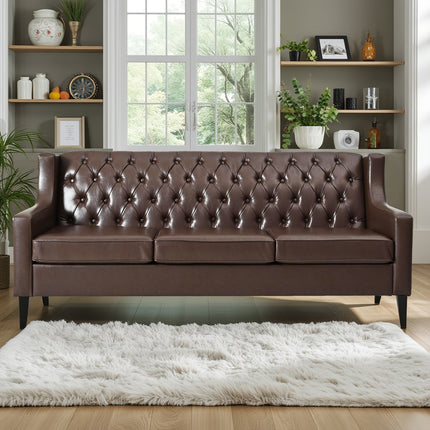 Classic American Style 3-Seater Sofa Suitable for Living Room & Office - Traditional PU Couch with Frame,