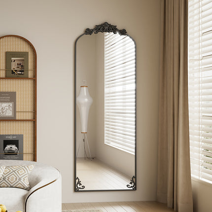 Full Length Mirror, 64"x21" Floor Mirror Freestanding With Carved Metal Frame & Bottom Art Carved,