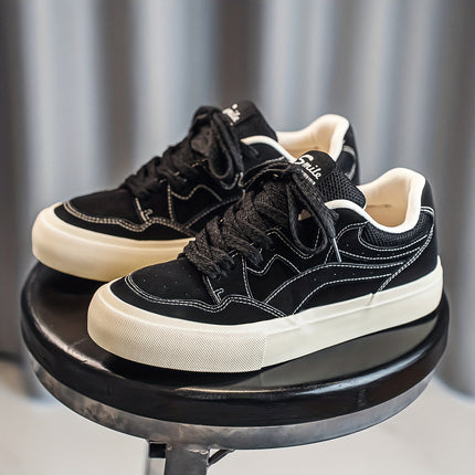 Men's Olive Green PU Low-Top Sneakers - Chunky Rubber Sole Skate Shoes, Lace-Up All-Season Casual