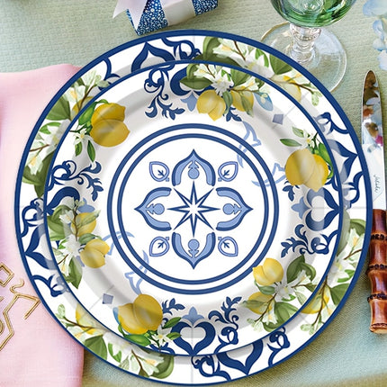 30pcs Disposable Tableware Set Featuring a Lemon And Blue Porcelain Theme, Uncoated Utensils