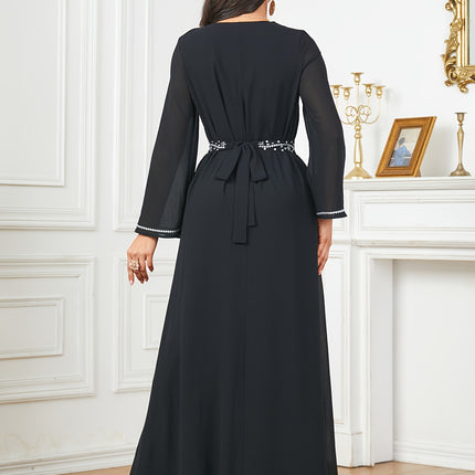Elegant Long Sleeve Long Dress, Polyester, Solid Color, Contrast Sequin Detail, A Contour
