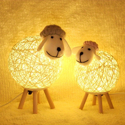 LED Sheep Night with Hand-Woven-Style Lampshade - Cute Kawaii Sheep Bedside Lamp