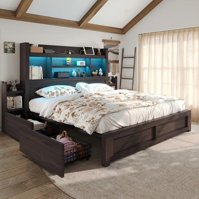 Wooden Bed Frame for a Farmhouse Style Featuring Four Storage Drawers, an LED Headboard