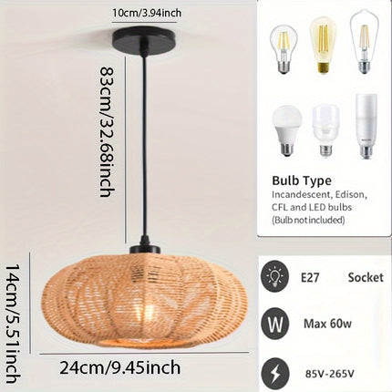 1pc bohemian chandelier, farmhouse rattan 9.45-inch lampshade pendant light fixture