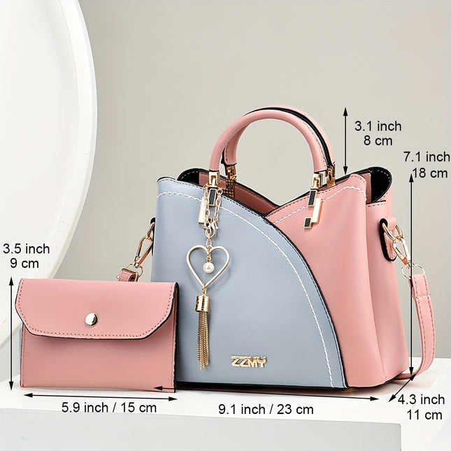 Women's Elegant Handbag And Crossbody Purse Combo - Fashion Colorblock Tote Bag