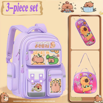 Kabbalah Three-Piece Set Backpack - Includes Lunch Box, Pencil Case, Fashionable Capybara