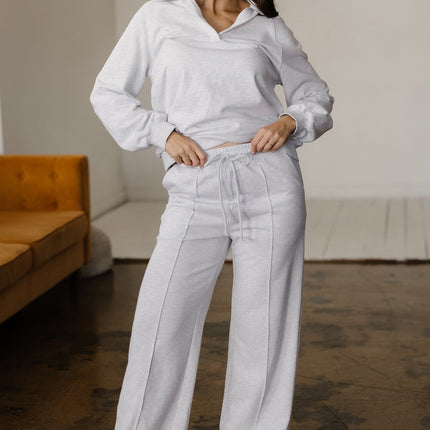 Light Grey Polo Collar V Neck Pullover and Drawstring Sweatpants Set
